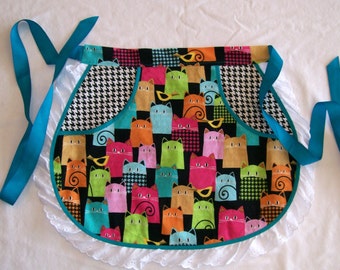 Colorful Cats Round Half Apron with Lace - Multi Color Cat Apron - Girl Size 7 to 8
