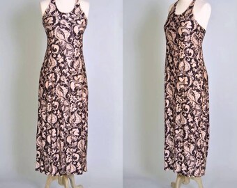 Vintage Maxi Dress 70s BOHO Nylon Floral Slinky Halter Nylon Maxi Dress Black and Nude M L