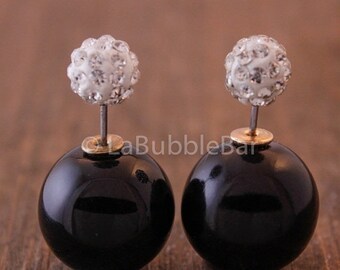 SALE Tribal Earrings - Double Pearl Earrings, Double Sided Earrings, Crystals w/ Polish Black