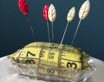 Crystal Pincushion with Yellow Tapemeasure Print