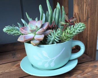 Custom ceramic tea cup and saucer planter with stenciled design, indoor outdoor planter, succulents and small plant pot, gift idea