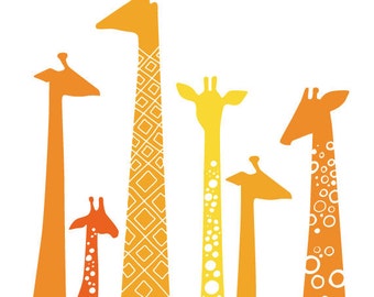 5X7" giraffes giclee print on fine art paper. orange & yellow.