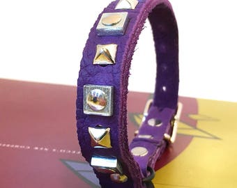 Royal Purple Leather Cat Collar with Pyramid Studs and Industrial Squares to fit a 8-10in Neck, EcoFriendly Leather, Seattle Handmade, OOAK