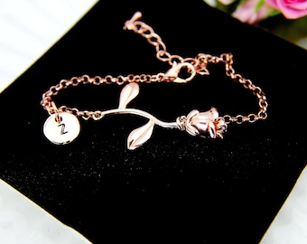 Rose Bracelet, Rose Gold Initial Bracelet, Rose Charm Bracelet, Rose Gold Charm, Rose Flower Charm, Girlfriend Gift, Mom Gift, Personalized