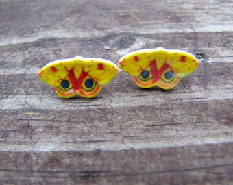 Io moth earrings, moth jewelry wearable art butterfly earrings butterfly jewelry post earrings insect earrings insect jewelry yellow