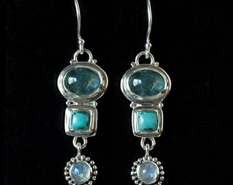 Labradorite Rainbow Moonstone Earrings, Labradorite Turquoise Earrings, Sterling Silver Multi Gemstone Earrings, Labradorite Jewelry: LUCY