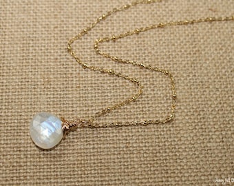 Rainbow Moonstone Necklace, Blue Flash, Wire Wrap Pendant, Moonstone Jewelry, Gold Filled or Sterling Silver