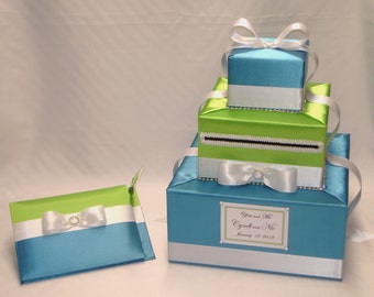 Turquoise-Apple Green with White Trim Wedding Card Box-Guest Book/Pen set