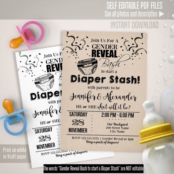 Gender Reveal Diaper Party invitation Printable invitation