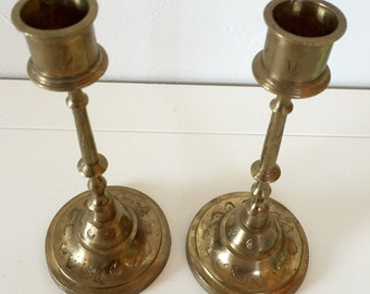 India Brass Screw-Apart Engraved (Set of 2) Candlestick Holders