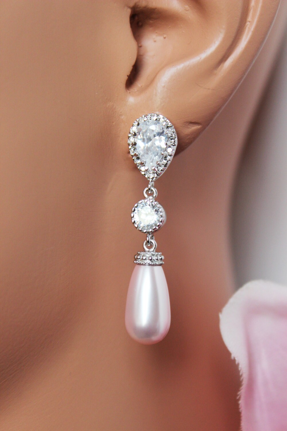 Pink Pearl Drop Wedding Earrings Crystal Pearl Drop Bridal
