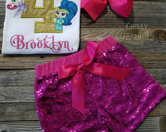 Shimmer Shine Inspired Birthday Shirt or Outfit with Pink, Gold or Aqua Sequin Shorts