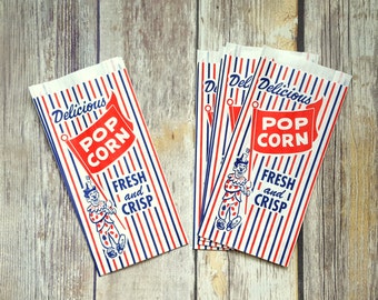 25 Vintage Style Popcorn Bags, Carnival Inspired, Circus Inspired. Food Bag, Party Bag, Red White Blue, Clown Bag