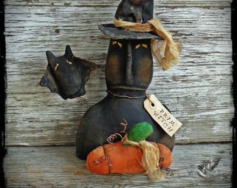 Primitive Witch Folk Art Doll, Halloween Home Decor, Black Bat, Pumpkin, Fall Autumn Harvest,