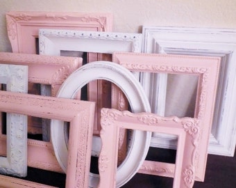 White and Pink Picture Frame Set, FREE SHIPPING, Photo Frames, Cottage Chic Hand Painted Ornate, Custom Home Decor, Nursery, Wedding