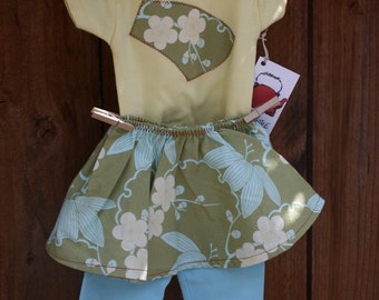 Onesie and Circle Skirt Leggings- Amy Butler Trailing Cherry Green 3-6 months
