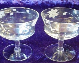 Two Vintage Elegant Etched Glass Dessert Bowls