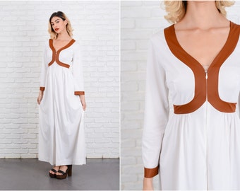 Vintage 70s White + Brown Mod Dress Striped Maxi Long sleeve Small S 8517