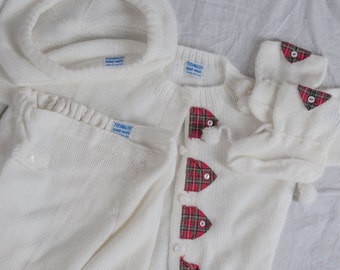 4 piece white Orlon knit short set by Personality. Cap, sweater, shorts, booties