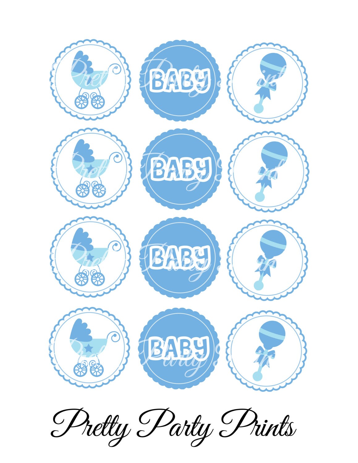 Printable Cupcake Toppers Baby Shower Blue Carriage 2 inch