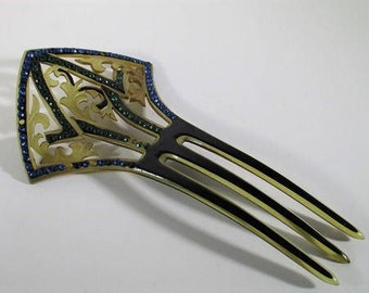Antique Celluloid Hair Comb, Art Nouveau Scroll Decorative Combs, Blue & Green Rhinestones, Victorian Era Accessories, Early 1900's