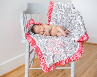 Coral Pink and Gray Damask Minky Baby Blanket - for baby toddler or adult