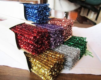 REDUCED PRICE /// Chenille Stems, Tinsel, Metallic, about 6 mm, 12 inch, 100-count box, vintage, vibrant colors