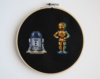 R2D2 and C3PO Cross Stitch Hoop Art, Star Wars fanart, Pixel Art Design, Handmade Embroidery, Wall Hanging,Star Wars wall art, Decor