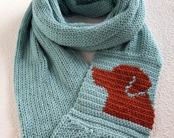 Labrador Infinity Scarf. Sea foam green, knitted circle scarf with a red fox lab dog. Long, knit dog scarf. Fox red lab gift