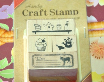 A Set of Lovely Handy Japanese Wooden Rubber Stamps- Cupcake, Dear/Deer, Kitchen set, garden bird