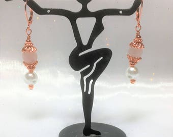 Rose Quartz Faux White Pearl Copper Leverback Earrings #440