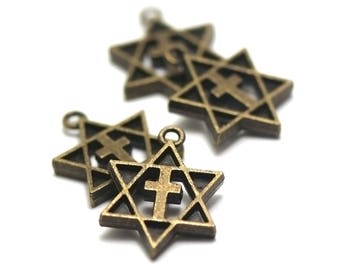 10 charms "cross star of david", 23 x 17 mm, bronze
