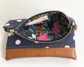 Ready to ship! Navy and white polka dot foldover clutch with floral interior