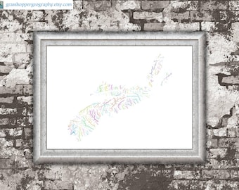 River basins of Nova Scotia in rainbow colours (high resolution digital print) map print, wall art, poster map, home decor, wall decor, gift