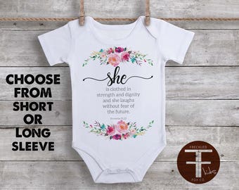She Is Clothed In Strength and Dignity ONESIE ®, Christian Onesie, Bible Verse Onesie, Religious Baby, Scripture Onesie, Baby Boy Clothes