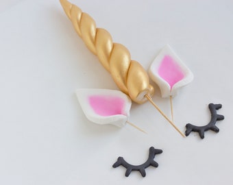 Fondant Unicorn Cake Topper, Gold Unicorn Cake Decorations. Edible Unicorn Cake Topper. Ears and Eyelashes Cake Topper