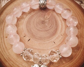 Genuine Rose Quartz and Locket Charm Bracelet