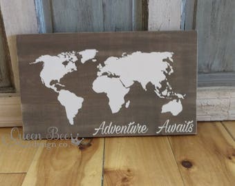 Adventure Awaits World Map.Rustic Wood Sign.Kids Room Wall Art.Kids Room Decor.Story Book Theme Sign.Travel Sign.Explore Sign.Welcome Gift