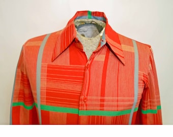 Vintage Men's Nik Nik 1970's Pink Red Geometric Abstract Plaid Tapered Designer Disco Shirt Button Up Size Small!