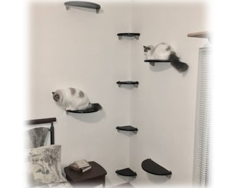 8pc Corner Wall Cat Tree Tower | Lunar Collection | Modern Wall-mounted Cat Bed Shelves for climbing, lounging and playing