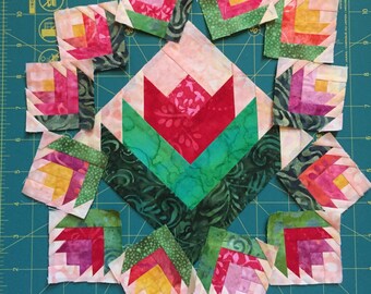 Cactus in bloom, freezer paper stitch on the fold technique, PDF tutorial on 12 pages and pattern