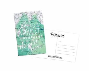 4x6 Postcard Love to Highest Mountains Moms, Dads and Grads Map Print Hand Lettering Travel Mint Postcard set