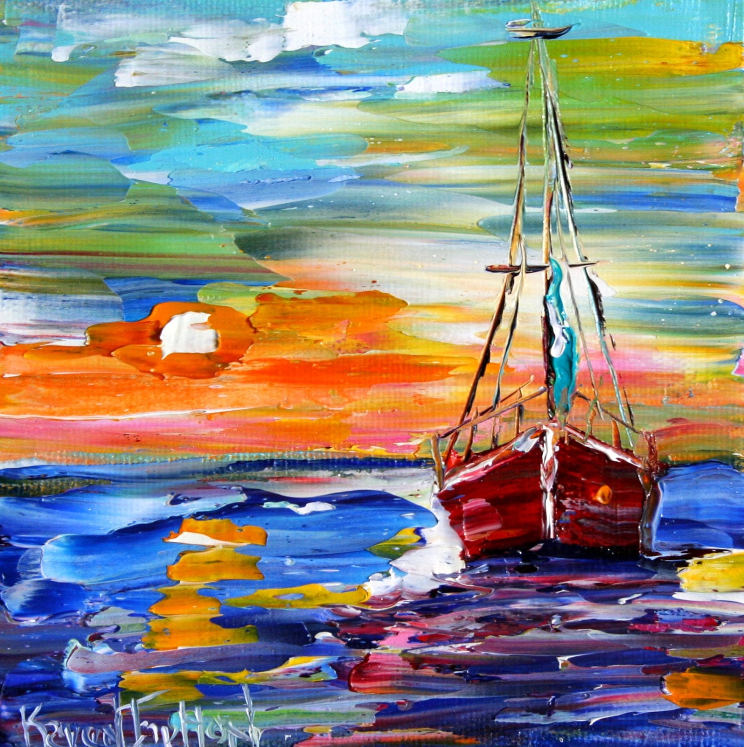 sunset painting with sailboat