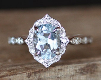Floral Halo Aquamarine Engagement Ring VS 6*8mm Oval Cut Aquamarine Ring Vintage Gemstone Ring Stackable Promise Ring 14K White Gold Ring