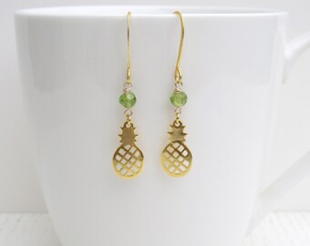 Gold pineapple earrings, Gold peridot earrings, August birthstone earrings