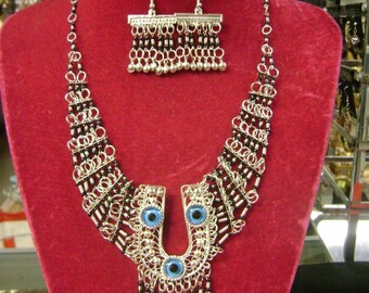 Unique Long Egyptian Glass Bead Necklace & Earring Made In Egypt
