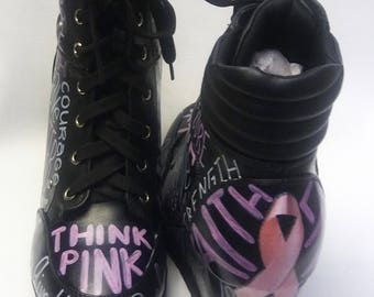 Breast Cancer Sneakers / Black Breast Cancer Sneakers / Survivor Sneakers / Breast Cancer Wedge Sneakers / Hand Painted Sneakers / Decoupage