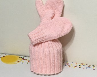 READY TO SHIP Handmade Knit Toddler Ribbed Hat and Mittens Set/Girls/Acrylic/Pink Size 2 to 4 years