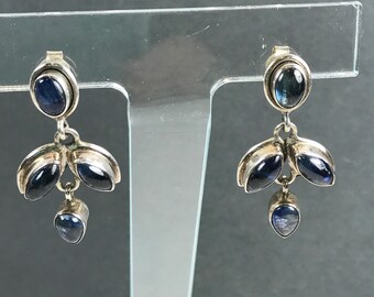 Vintage Blue Gemstone Sterling Silver Dangle Statement Earrings
