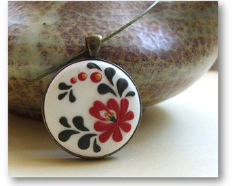Flower Jewelry- Hungarian embroidery pattern, polymer clay Jewelry- Red Flower Pendant- Red and White Pendant